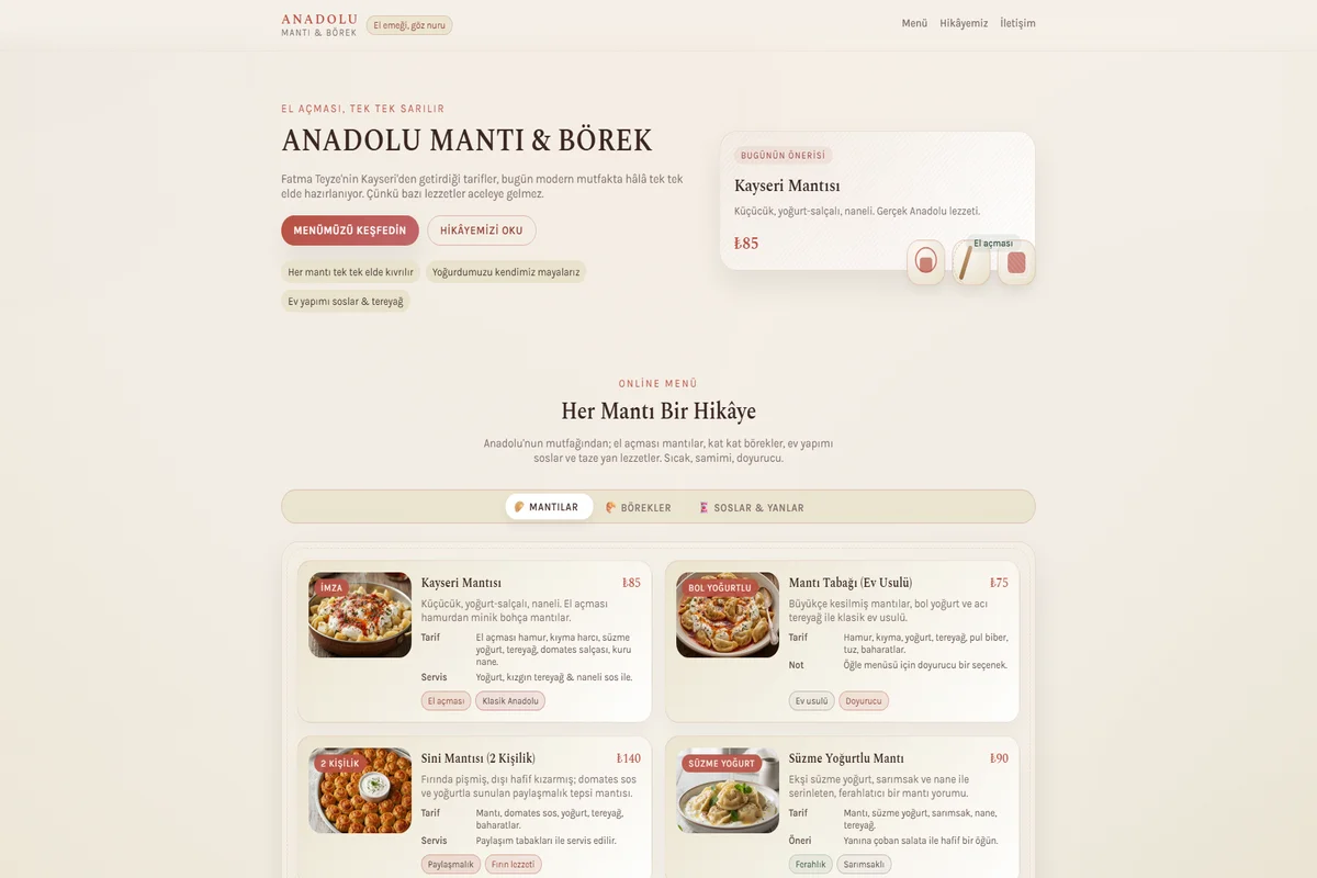 Anadolu Mantı Börek QR Menü masaüstü - Geleneksel Türk mutfağı dijital menü