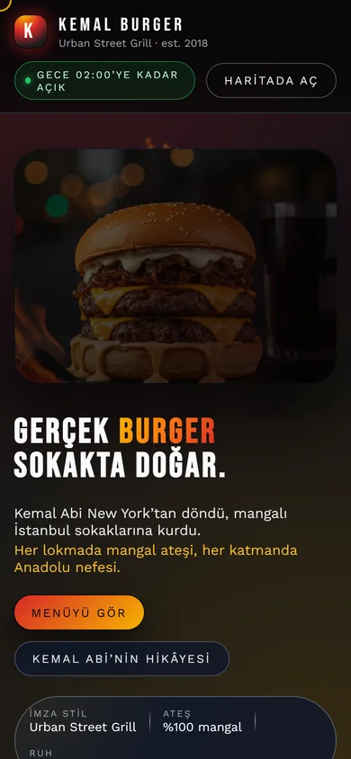 Kemal Burger QR Menü - Mobil telefon görünümü, temassız dijital menü