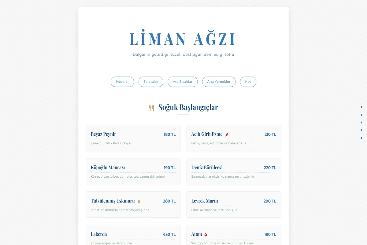 Liman Ağzı Meyhanesi QR Menü masaüstü - Balık meyhane dijital menü