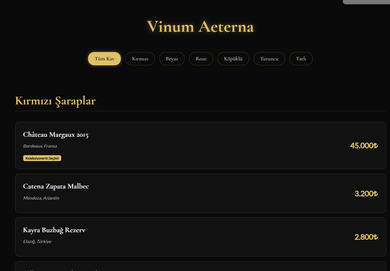 Vinum Aeterna Şarap Menü